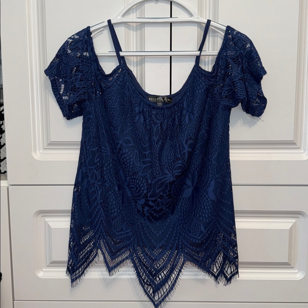 🦜 Society Girl Cold Shoulder Blue Lace Top Shirt